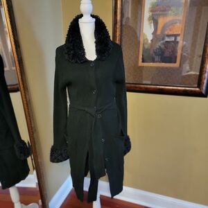 Black Knit Cardigan with Faux Fur Trim